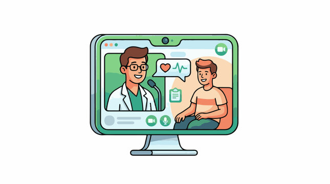 A cartoon computer screen displays a doctor and patient video call
