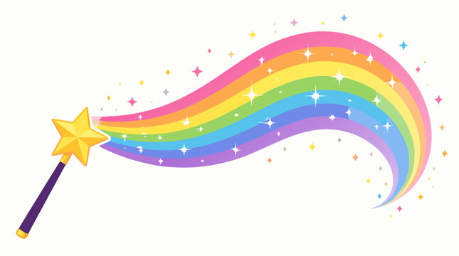 Magic wand leaving a colorful sparkling rainbow trail with stars, glitters, flat vector illustration of fantasy, imagination, miracle, enchantment, and magical performance on a light background.