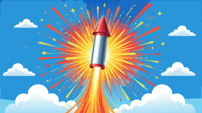 Soaring firework rocket ready to explode in the night sky for holiday celebration, festive flat vector illustration of pyrotechnic missile for new year and independent day party event fun.