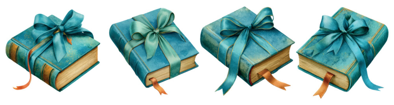 Set of four teal watercolor books, each presented as a gift with a decorative ribbon and bow, symbolizing the preciousness of literature, education, and thoughtful presents
