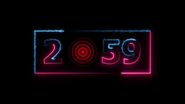 2059 years neon bright number text radio wave red color animation. New year celebration number. Black background 4k video.