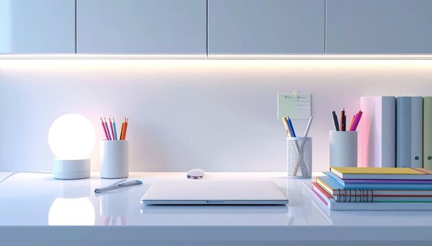 Modern Minimalist Desk Setup with Laptop and Office Supplies.