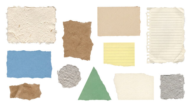 Diverse collection of textured ripped paper pieces in various colors and shapes isolated on a transparent background.