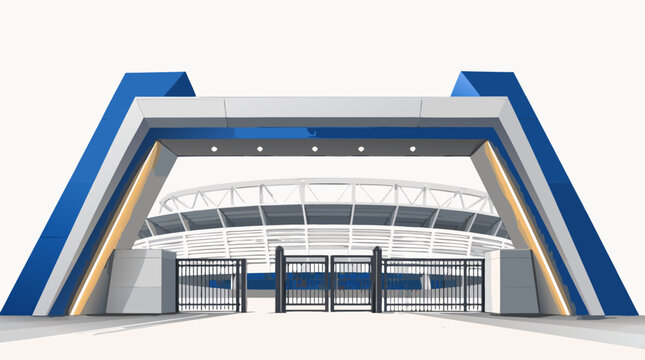 Modern architectural stadium entrance gate structure flat vector illustration, professional sports arena access point design for football fans and event security on a clean light background.