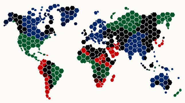 Abstract world map composed of soccer ball hexagon patterns for Mundial 2026 championship, flat vector illustration on a light background, global football sports tournament concept design.
