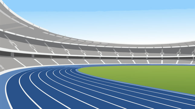 Professional athletic running track lanes curving around a sports stadium with vibrant red lanes and white boundary markers, flat vector illustration for competition and fitness concepts.