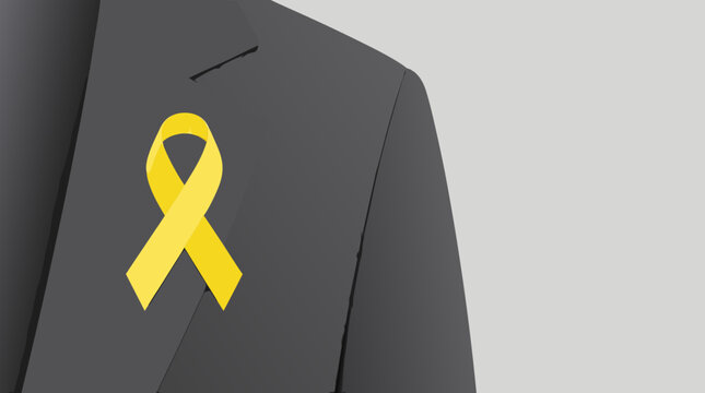 Close up Flat Vector Illustration of a Yellow Awareness Peace Ribbon Pinned to a Jacket Lapel, Symbolizing Support for Troops, Suicide Prevention, Endometriosis, and Missing Person Awareness.