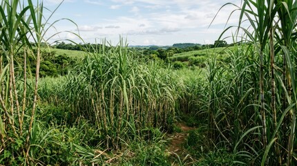 Fototapeta premium tall sweet sugarcane stalks growing wildly in lush green field