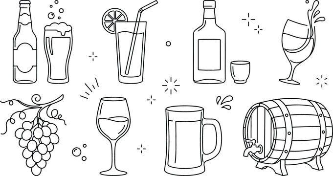 Alcoholic drinks and beverages line art vector icons collection with wine beer cocktail barrel grapes and bottle elements