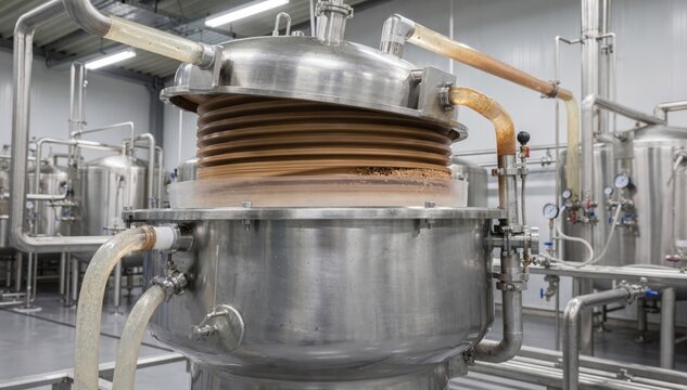 Medium shot of a discstack centrifuge in a processing plant separating cells from broth with rotating discs enhancing the clarification efficiency in industrial fermentation.