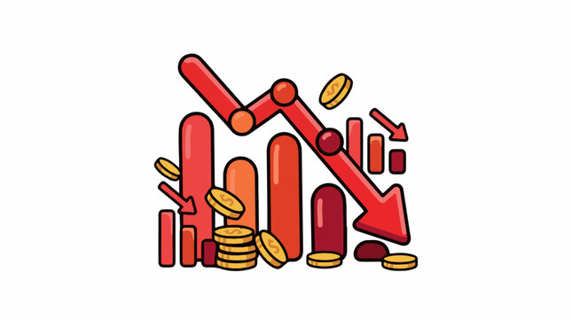 Colorful graphic illustration of downward trend in economy with falling coins and graphs