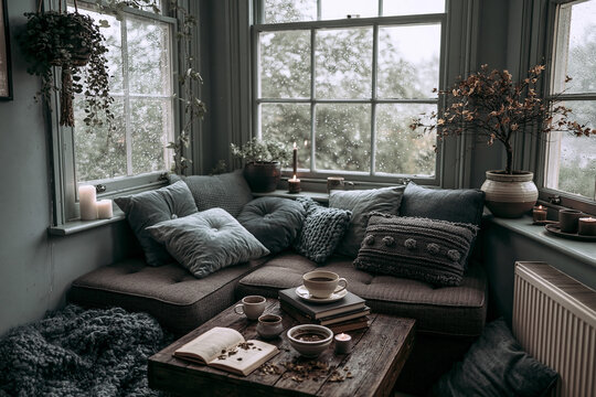 Rainy day window view, soft gray interior, intimate home atmosphere