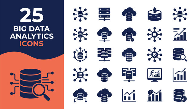 Twenty five blue big data analytics icons on orange background