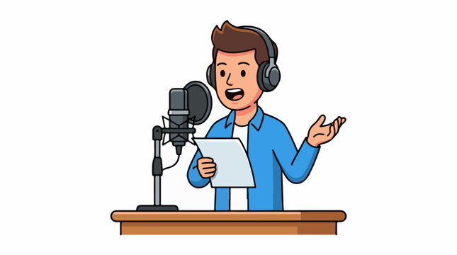 A cartoon man in a blue shirt and headphones speaks into a microphone