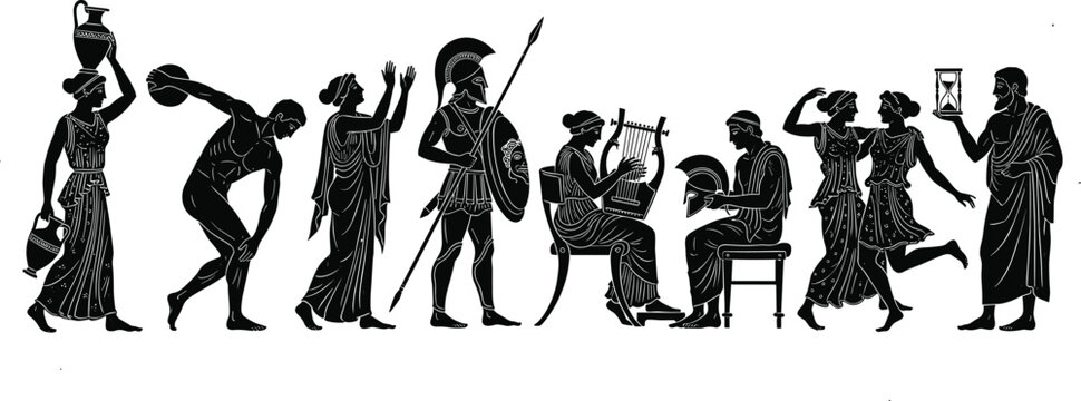 Ancient Greek Spartan Hoplite Warriors Battle Silhouette Set with Mounted Cavalry Commander Horseback Rider and Infantry Vector IllustrationAncient Greek Spartan Hoplite Warriors Battle Silhouette Set