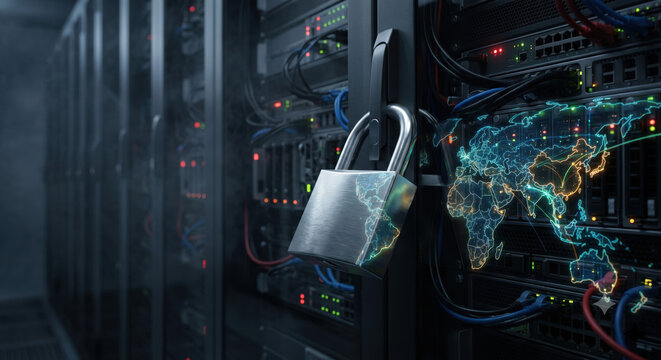 Secure data center corridor highlighting on‑prem sovereign infrastructure and restricted maintenance access.