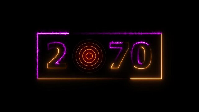 2070 years neon bright number text radio wave colorful animation. New year celebration number. Black background 4k video.