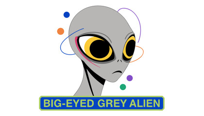 Fototapeta premium Very beautiful close-up realistic vector of a BIG-EYED GREY ALIEN featuring smooth grey skin, oversized eyes, mysterious extraterrestrial appearance, and colorful cosmic details, isolated on white bac