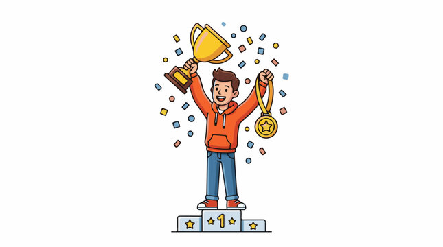 A cartoon man celebrates on a podium with a trophy and medal
