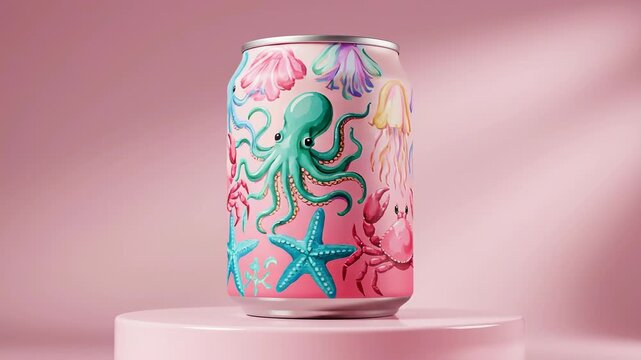 Pink aluminum can featuring whimsical colorful marine illustrations of jellyfish, octopus, seahorse, crab and starfish on a pastel label, displayed on a pedestal