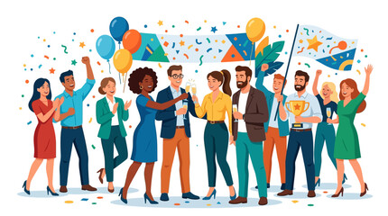 Obraz premium Diverse team celebrating success with confetti, balloons, and a trophy at a party