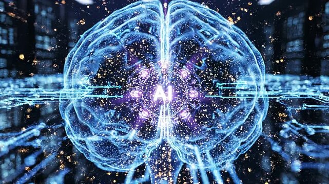 Holographic digital brain with glowing AI core and interconnected circuitry visualized among server racks, representing neural networks, machine intelligence, data and computing