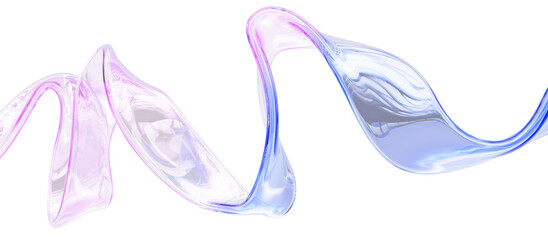 Fototapeta premium Liquid glass transparent 3d ribbon wave line with holographic gradient on light background. Abstract crystal clear water flow. Dynamic pink, blue and purple pastel trendy splash curve