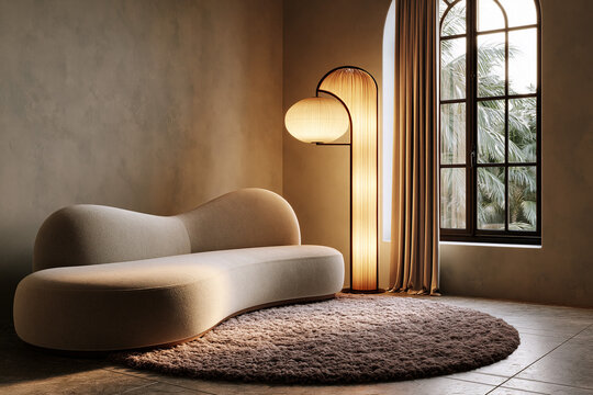 Neutral lounge with curved sofa, single floor lamp, beige rug, minimal luxury interior 