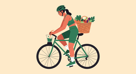 Fototapeta premium Woman riding bicycle with basket full of fresh vegetables and fruits.