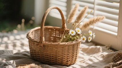 Obraz premium Wicker basket with lace lining by window, filled with chamomile and pampas grass, soft blind light fresh healing home still life photography material