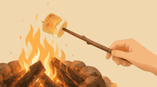 Toasted fluffy marshmallow on a stick roasting over a warm glowing campfire, minimal flat vector illustration of outdoor camping adventure and sweet snacks on a clean light background for design.