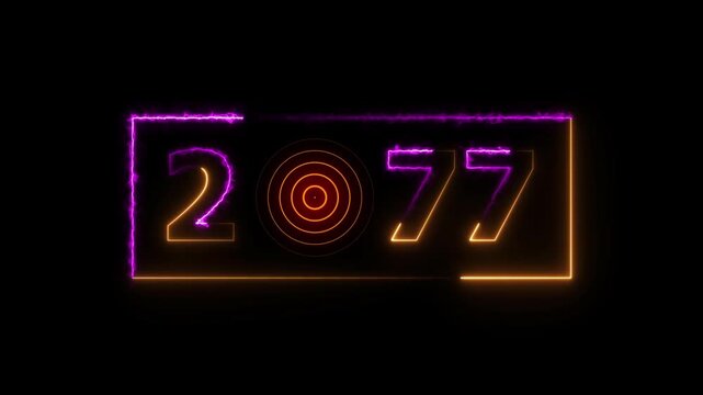 2077 years neon bright number text radio wave colorful animation. New year celebration number. Black background 4k video.