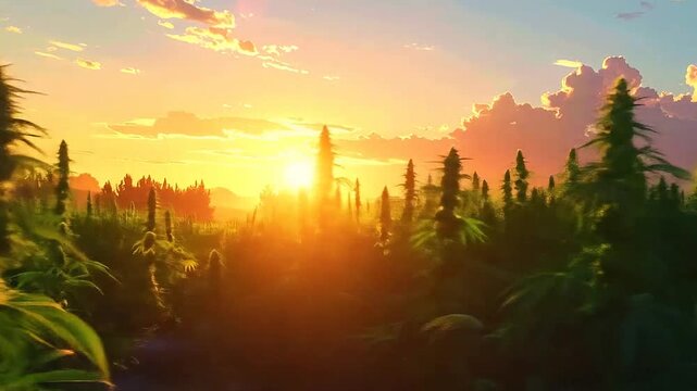 Vibrant cannabis field at sunset with golden light