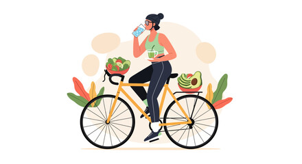 Fototapeta premium Woman riding bicycle with healthy food and drink.