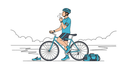 Fototapeta premium Cyclist takes a break to drink water from a bottle.
