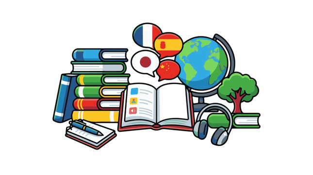 Colorful illustration of a globe surrounded by books and symbols for language learning