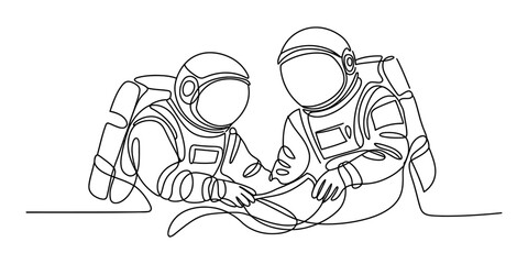 Two astronauts in space suits looking at something together, one line drawing © Bobita