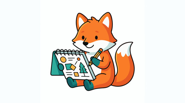 A cartoon fox with orange fur and white markings holds a pencil and notepad