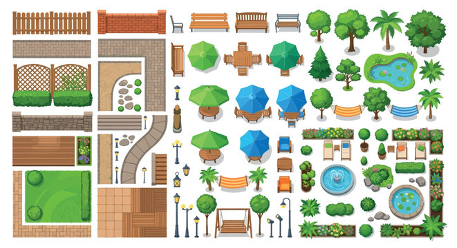 Park elements vector illustration with benches trees and garden features