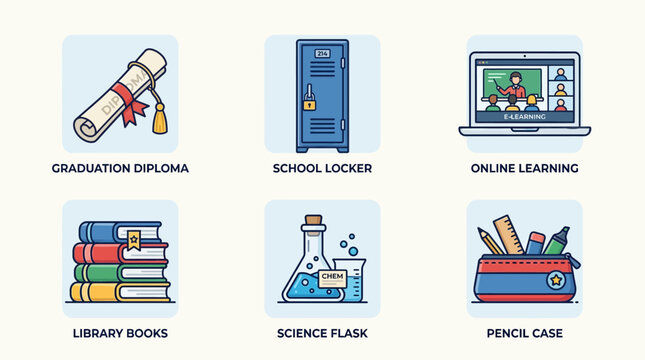 Students engage in online learning with graduation diploma, books, and science equipment