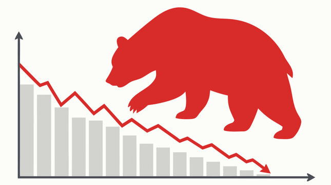 Bear Market Financial Crisis Concept with a Giant Red Bear Silhouette Hovering Over a Declining Stock Market Graph, Flat Vector Illustration Representing Economic Recession and Investment Loss