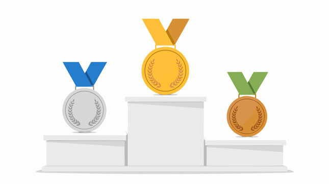 Winner podium featuring gold silver and bronze medals for first second and third place, professional flat vector illustration celebrating victory and achievement on a light background.
