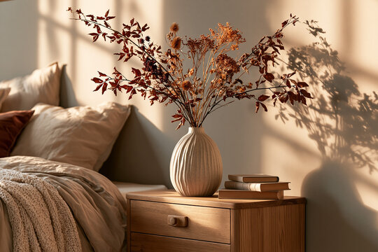 Minimal bedroom interior, wooden nightstand with single ceramic vase and dried flowers