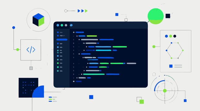 Abstract Programming Code Screen Featuring Minimalist Software Engineering Symbols and Digital Logic Flow, Professional Flat Vector Illustration on Light Background for Tech Development Concepts.