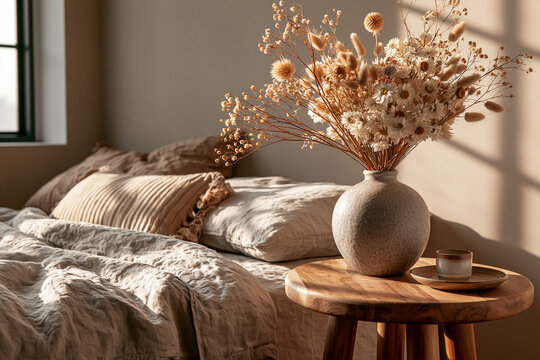 Minimal bedroom interior, wooden nightstand with single ceramic vase and dried flowers