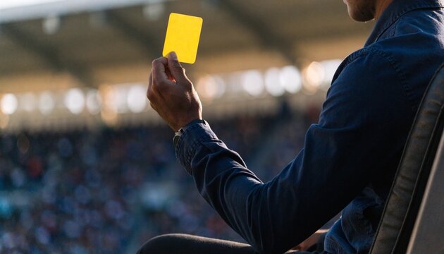 Anonymous football official or coach raising a blank yellow card from the sideline inside a crowded stadium, with dramatic backlighting and strong emphasis on sports rules and discipline