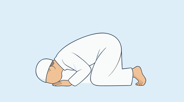 A person in white garments and a white prayer cap bowing in sujud Islamic prostration on a light blue background in this clean flat vector illustration for religious and cultural themes.