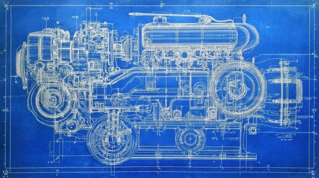 Detailed blueprint drawing of an old industrial engine mechanism