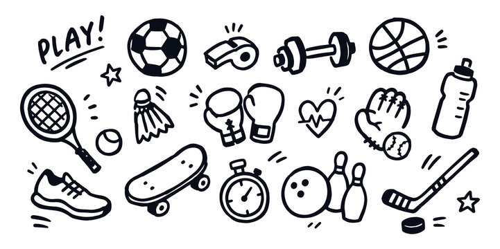 Sports Equipment Doodle Set Vector Illustration