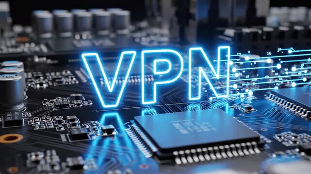 Glowing neon VPN hovering above a close-up microchip and circuit board, illustrating virtual private network security, encrypted data flow, privacy protection and connectivity